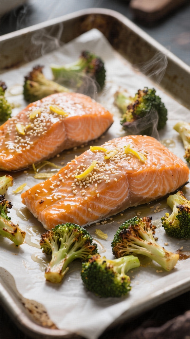 Cooking process: Sesame salmon fillets baking on a parchment-lined tray, surface glistening with ses