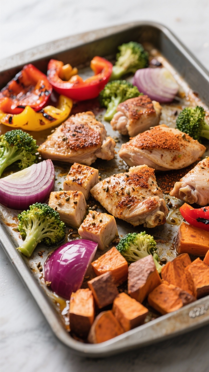 Cooking process: Sheet-pan chicken and veggies roasting at 425°F—cubed chicken thighs with a cumi