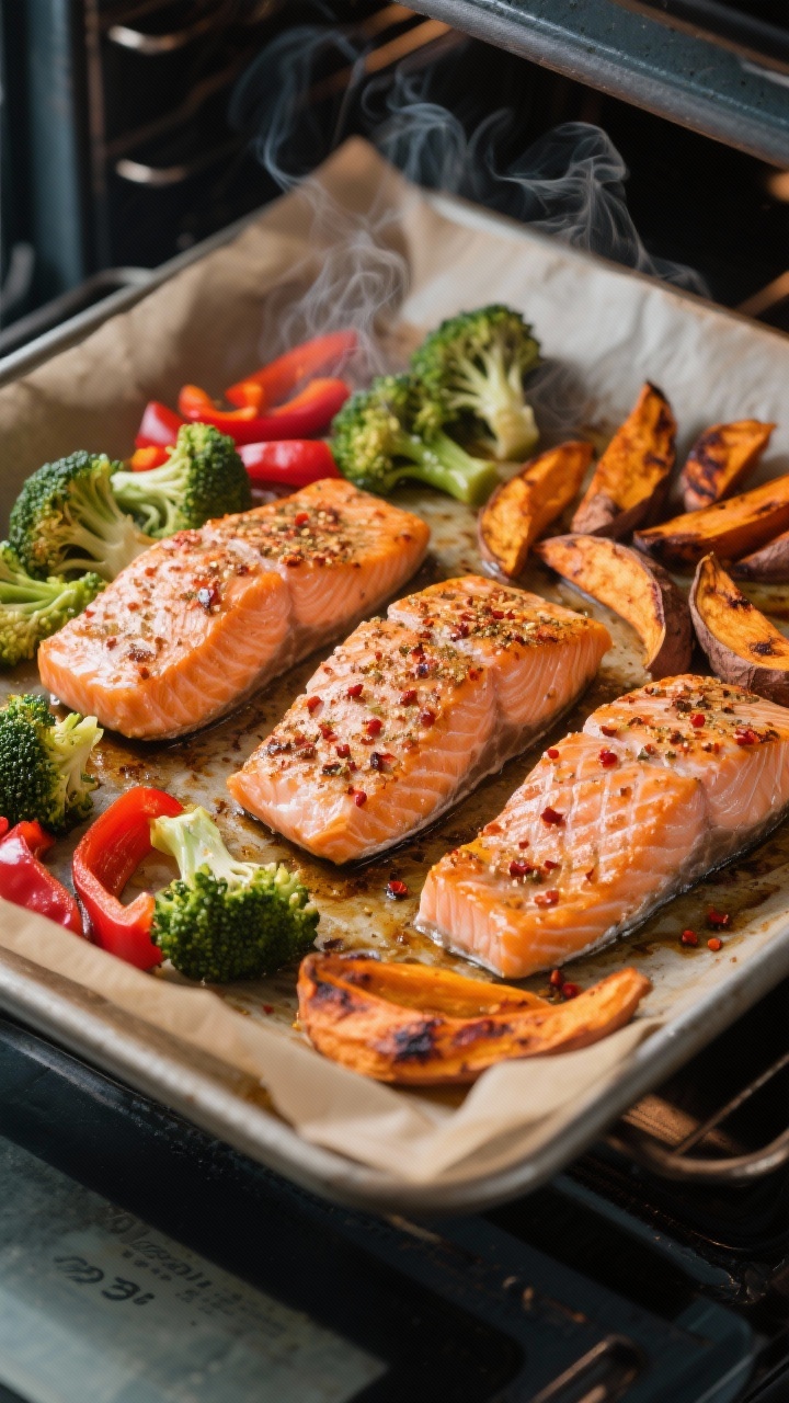 Cooking process: Sheet-pan smoky salmon and veggies mid-roast in a 425°F oven—salmon fillets skin