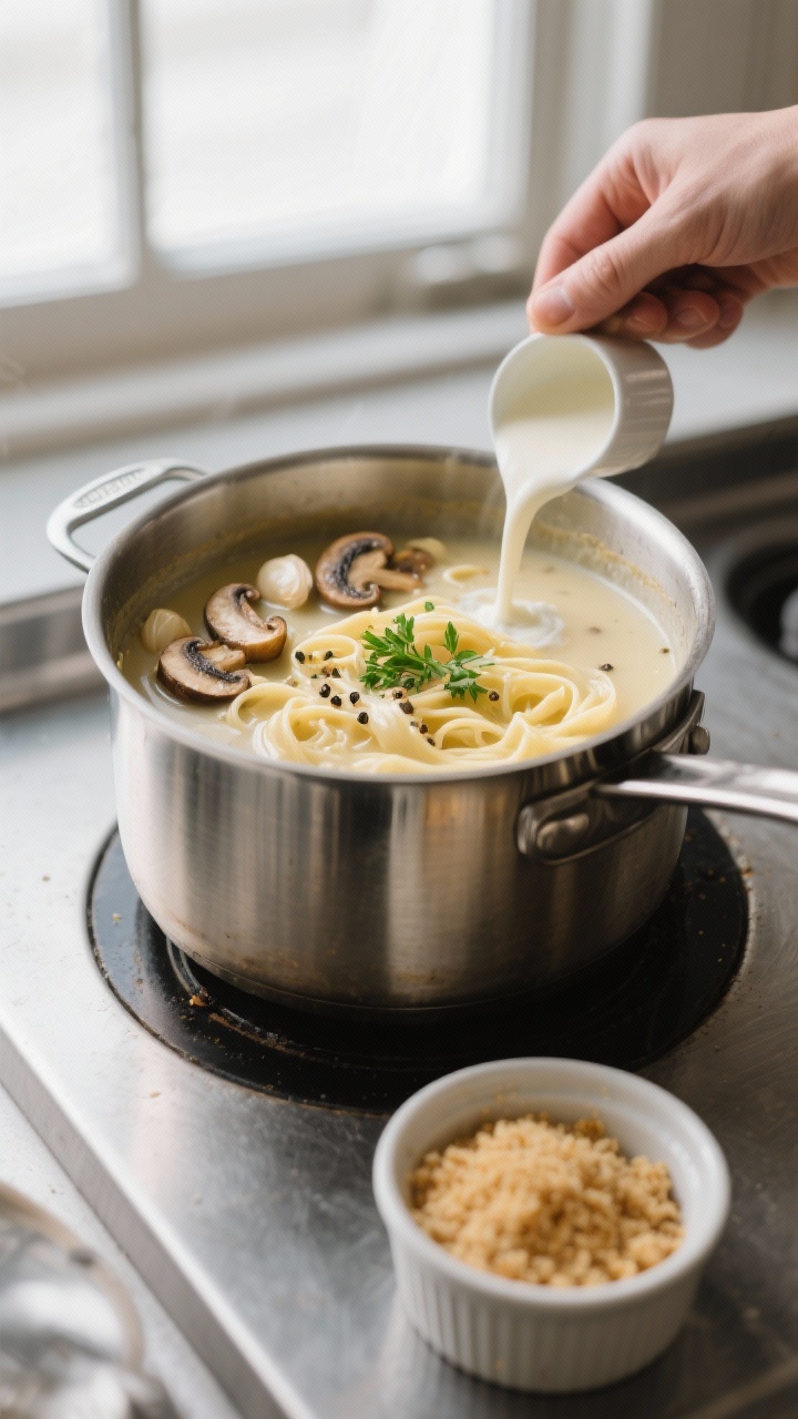 Cooking process shot: Alfredo Soup Flip in a stainless pot — sautéed mushrooms and garlic just br