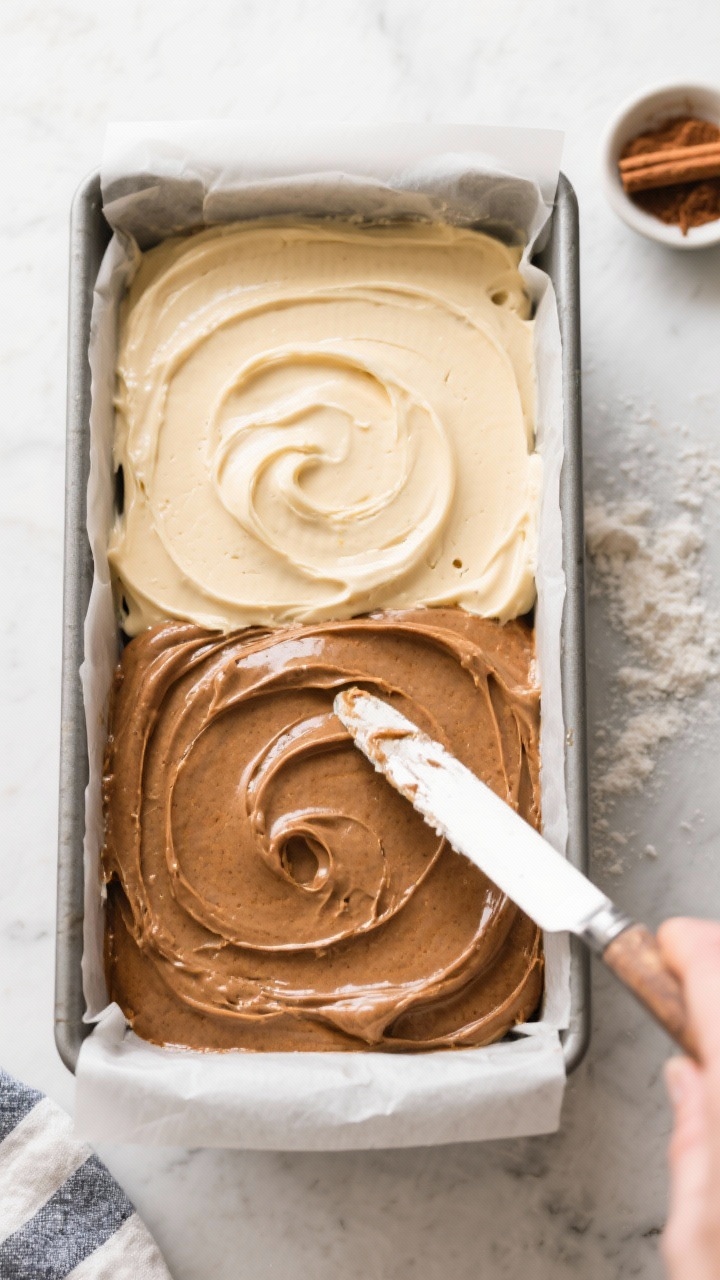 Cooking process shot: Overhead view of a 9x5-inch parchment-lined loaf pan with half the smooth, glo