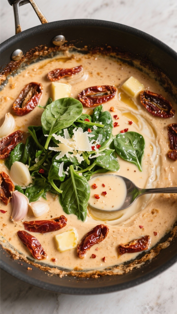 Cooking process shot: Overhead view of the sauce-building stage in a wide skillet—garlic and slice