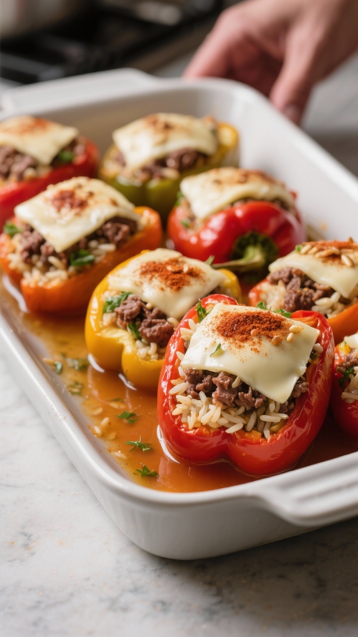 Cooking process shot: peppers post-stuffing and pre-cheese, nestled snugly upright in the baking dis