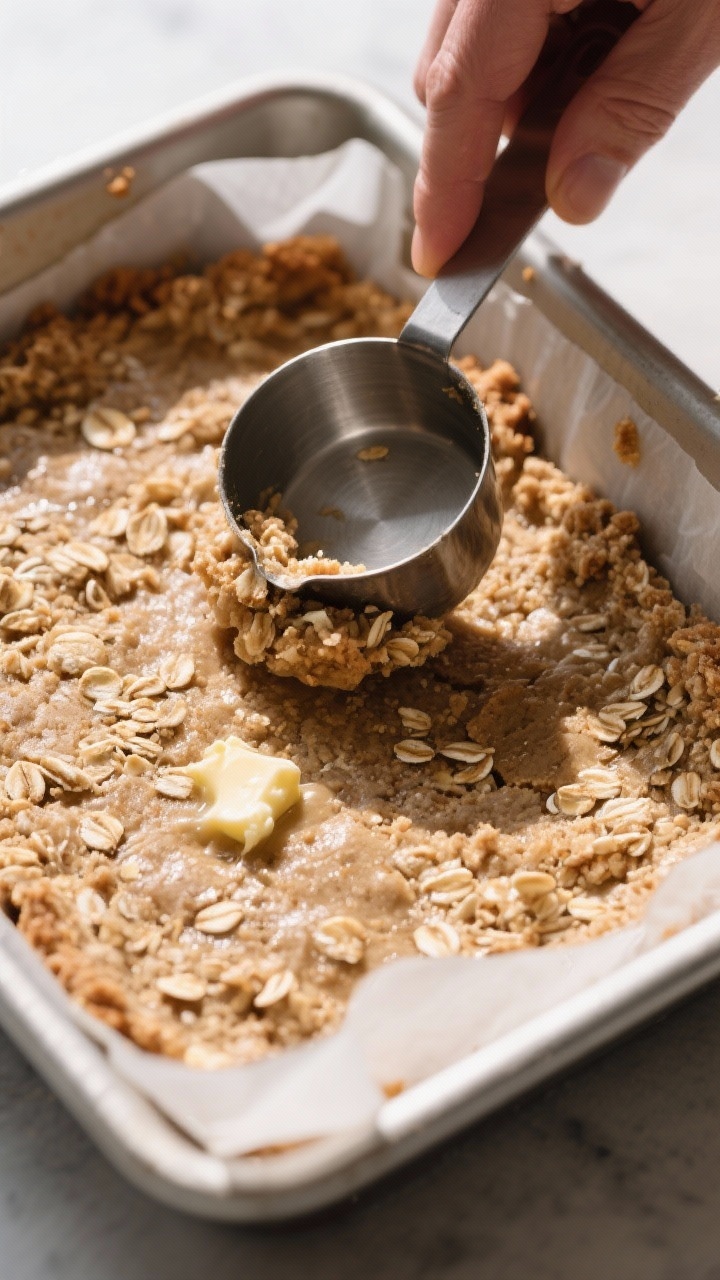 Leftover Apple Crumble Bars: The Ridiculously Good Snack Hack You’ll Wish You Tried Sooner Cooking process shot: pressing the crust mixture into an 8x8 pan lined with parchment using the flat
