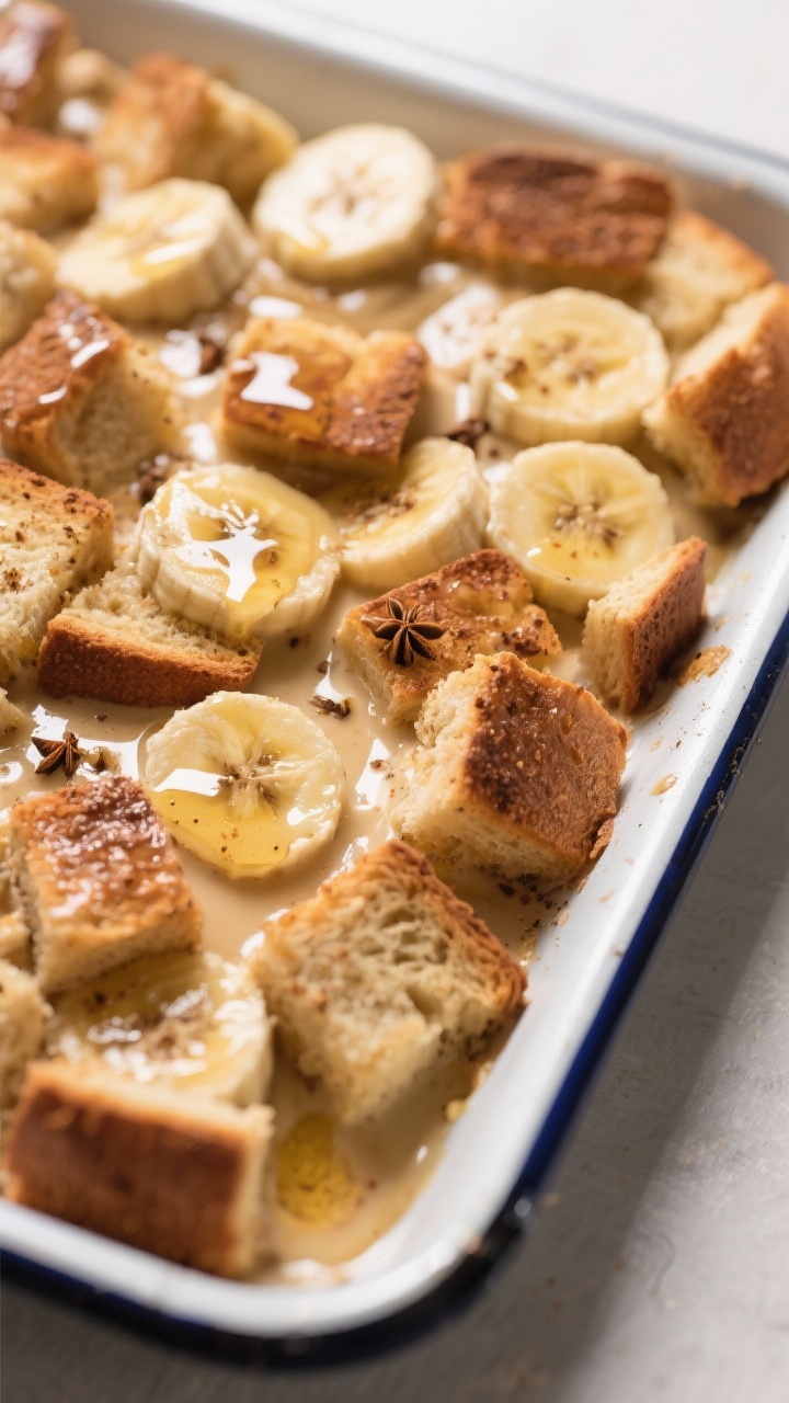 Cooking process shot: the assembled bake after soaking and just before baking—bread cubes and bana