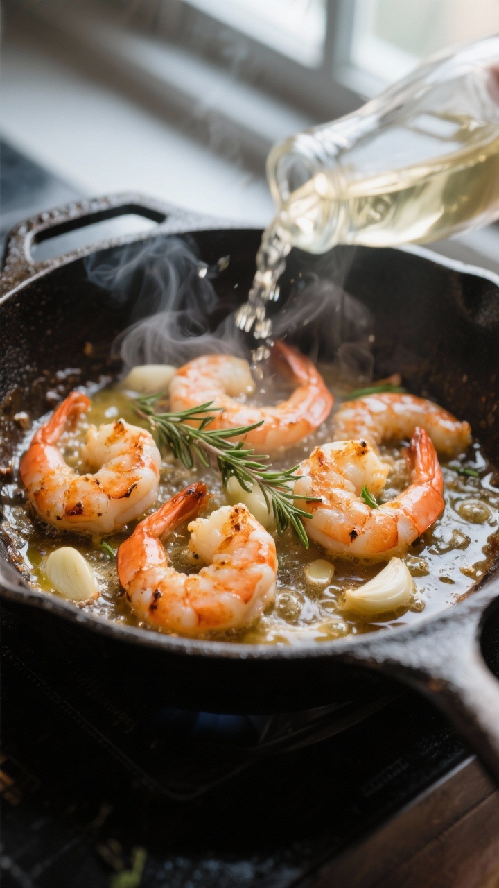 Cooking process: Shrimp sautéing in a cast-iron skillet in bubbling garlic butter, shrimp curled to