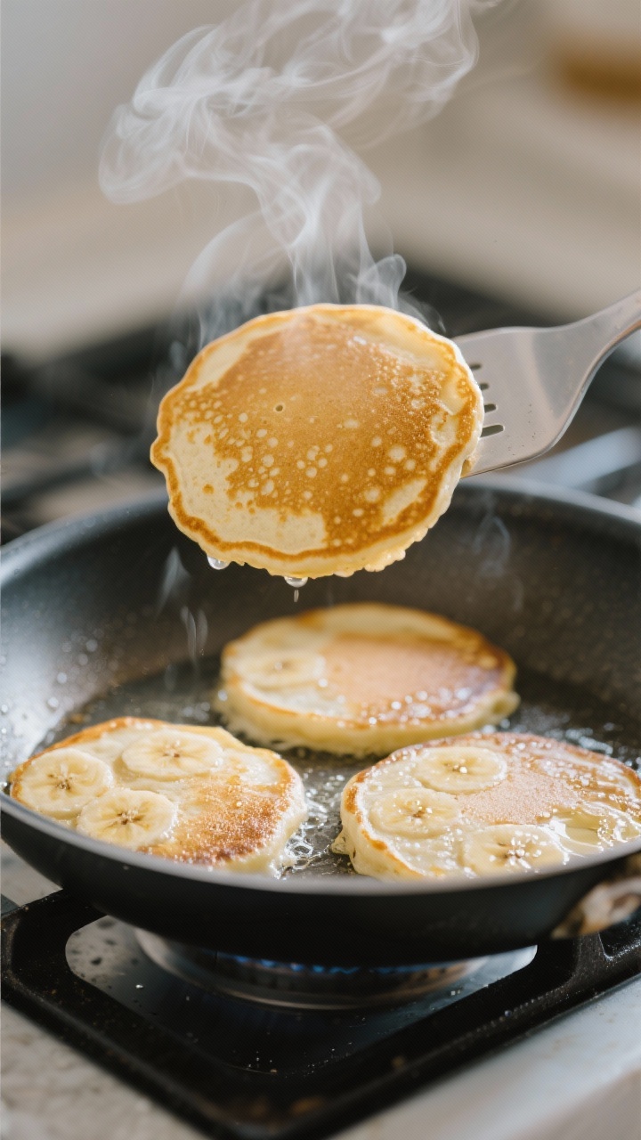 Cooking process: Silver-dollar banana pancakes sizzling in a preheated nonstick skillet over medium 
