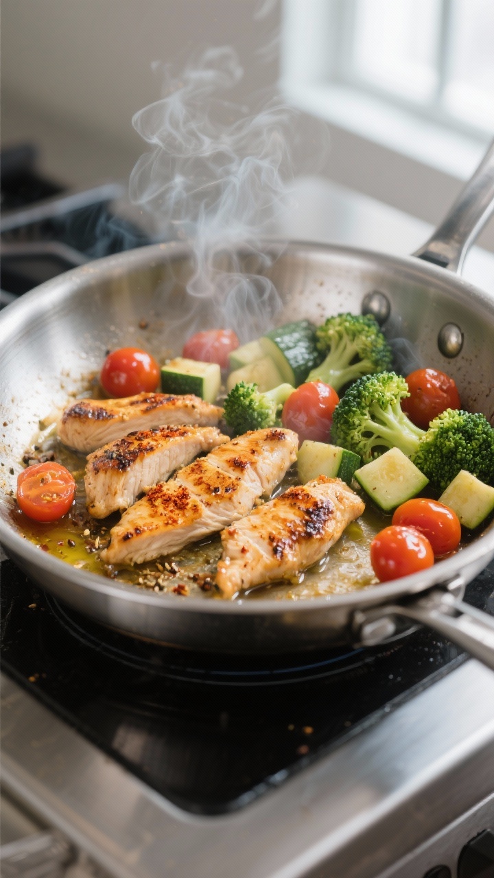 Cooking process: Sizzling chicken strips in a stainless-steel skillet on medium-high heat, golden se