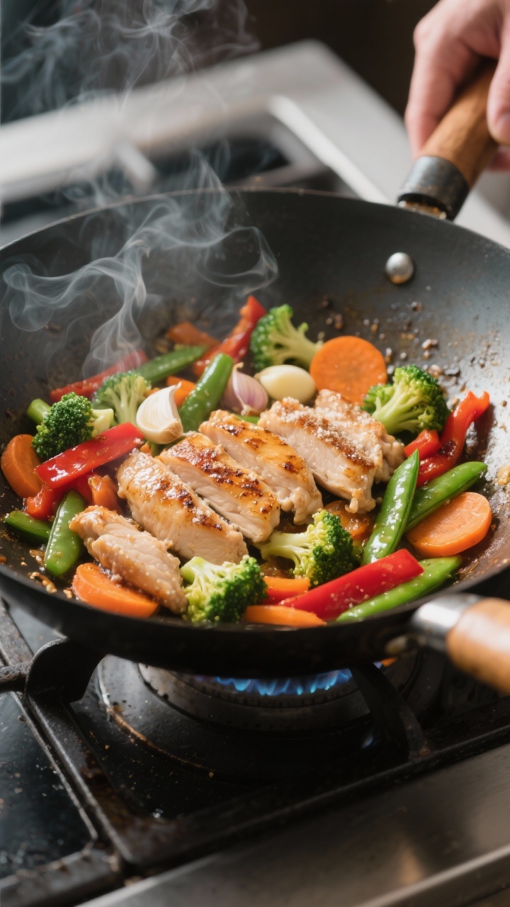 Cooking process: Sizzling chicken thigh strips lightly coated in cornstarch searing in a hot wok, ed
