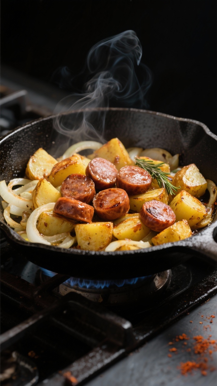 Cooking process — Sizzling sausage and potatoes: A 12-inch cast-iron skillet on stovetop with gold