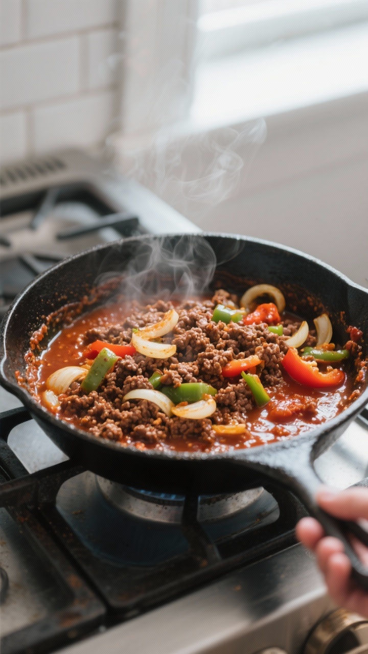Cooking process: Sizzling taco-seasoned ground beef with sautéed onions, bell peppers, and garlic i