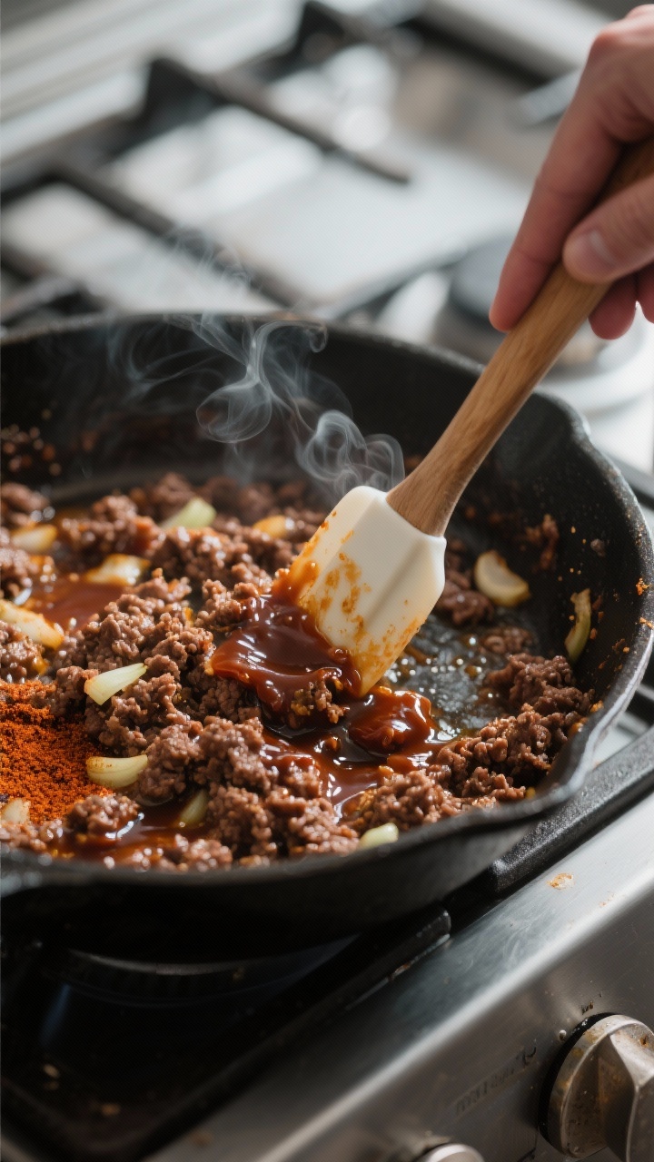Cooking process: Skillet of leftover ground beef simmering with smoked paprika, onion and garlic pow