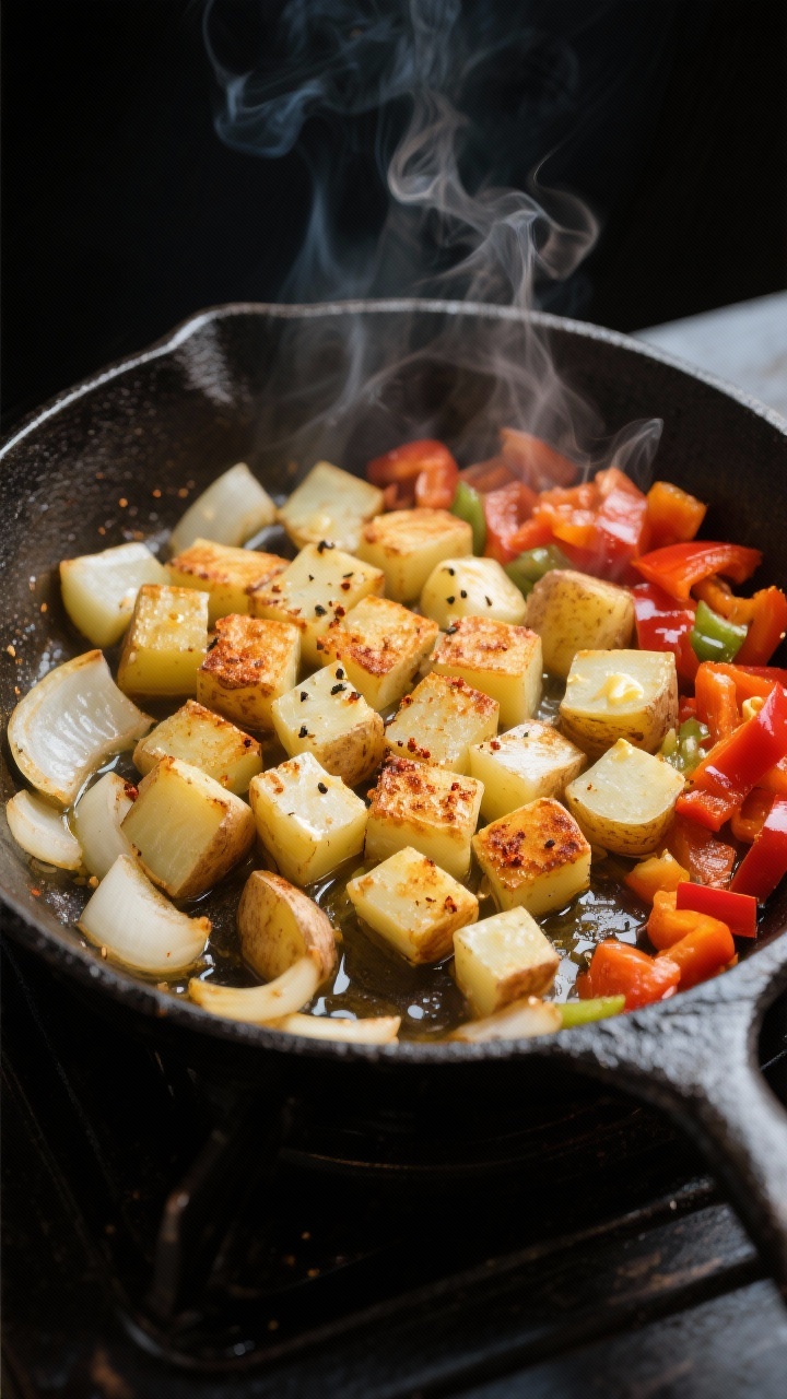 Cooking process, skillet sizzle: Overhead shot of a large cast-iron skillet over medium-high heat sh