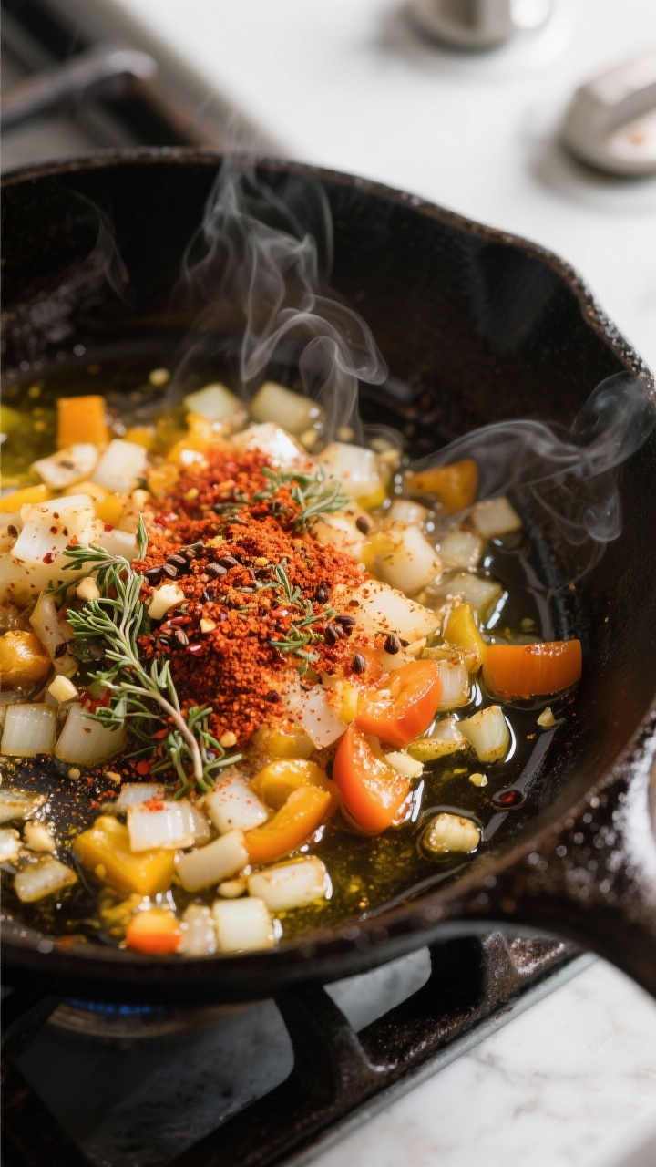 Cooking process – Skillet spice bloom and sizzle: Overhead shot of a hot, well-seasoned cast-iron 