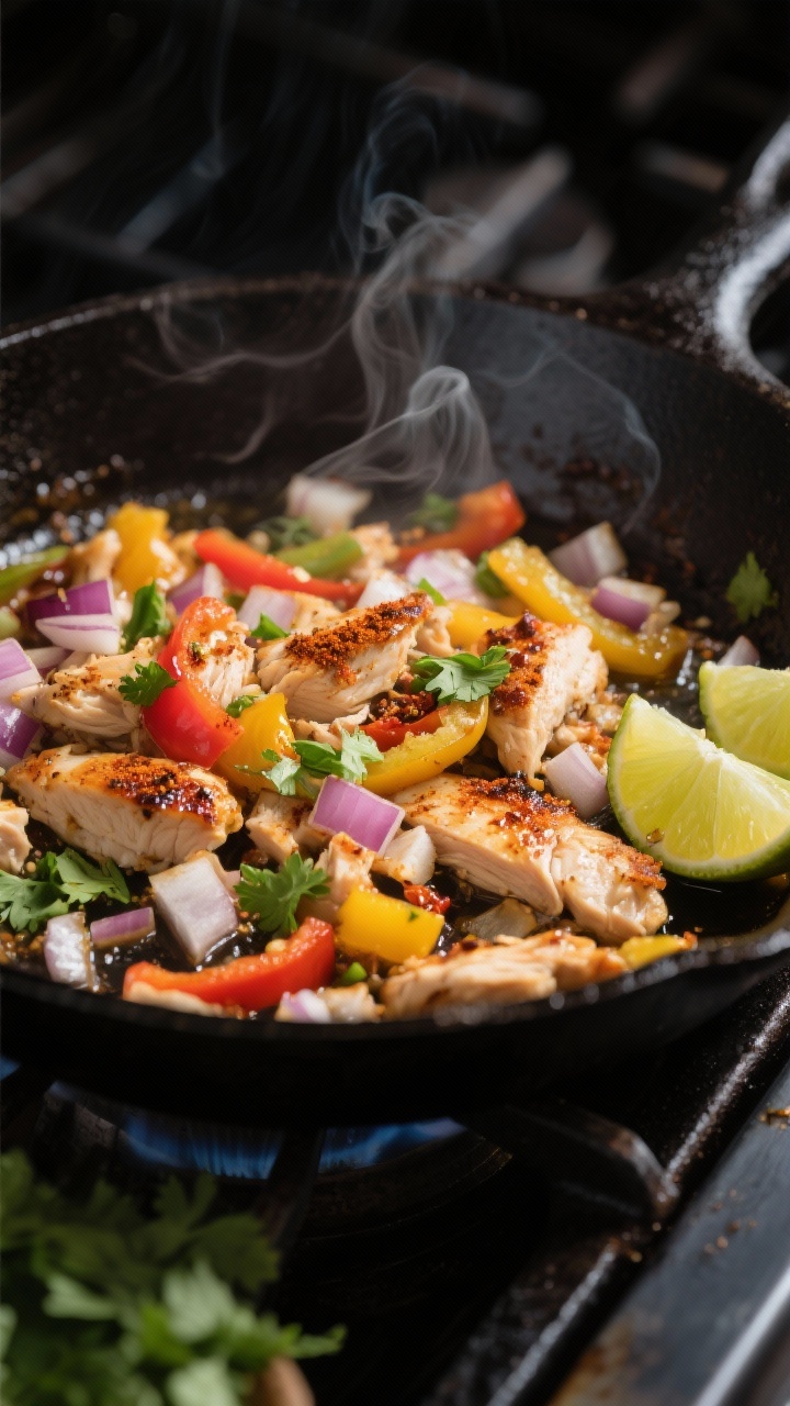 Cooking process — Skillet Street-Taco: Sizzling close-up of chopped leftover grilled chicken warmi