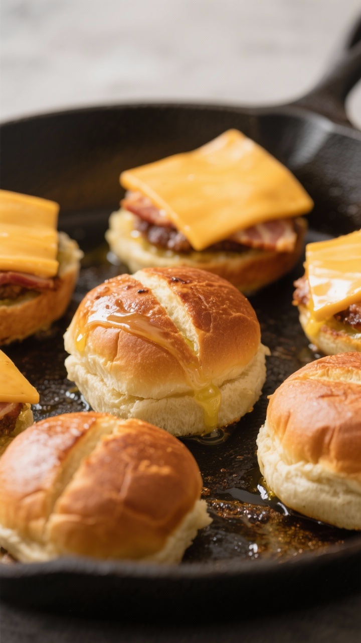 Cooking process: Slider buns brushed with melted butter toasting cut-side down on a skillet until de