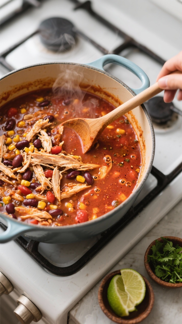 Cooking process: Smoky chicken chili simmering in a Dutch oven—overhead angle capturing a rich tom
