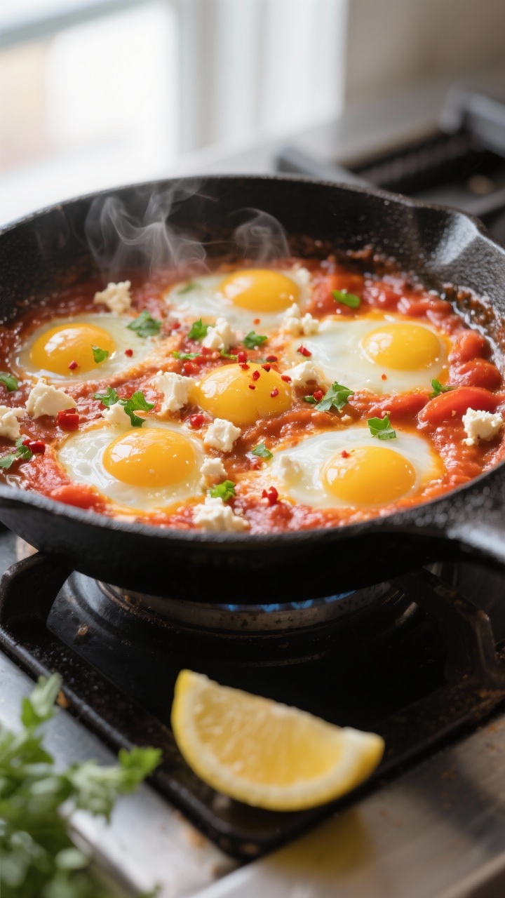 Cooking process: Spicy Eggs in Tomato Skillet simmering in a black cast-iron pan, close-up of bubbli