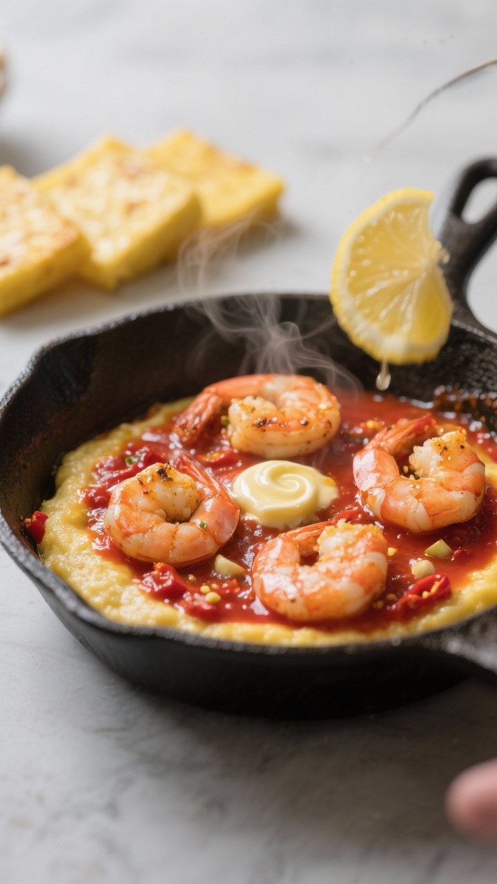 Cooking process – Spicy Shrimp in Arrabbiata over Polenta: Shrimp sizzling in a shallow pan coated