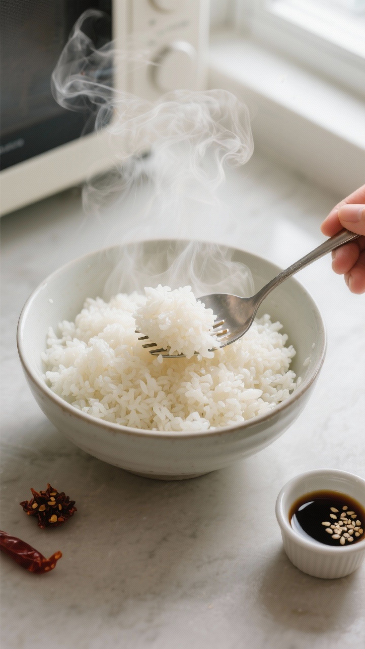 Cooking process – steaming rice revival: Overhead shot of a microwave-safe bowl just opened, hot, 