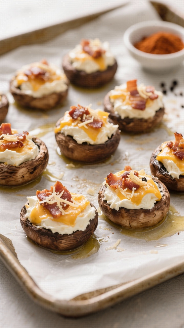 Cooking process: Stuffed mushrooms on a parchment-lined baking sheet mid-bake, overhead shot; caps c