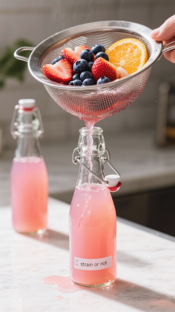 Cooking process-style scene of Berry Citrus Glow being strained and bottled for grab-and-go: fine-me