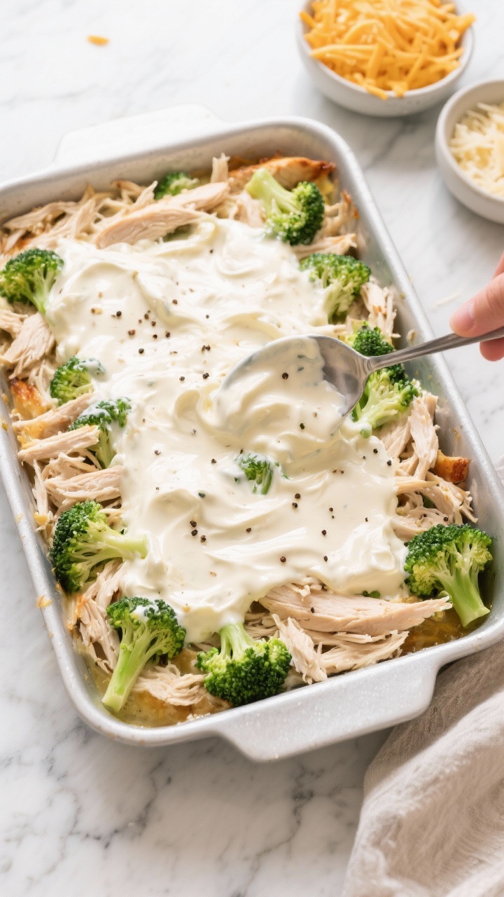 Cooking process: The assembled casserole mixture being spread evenly in a greased 9x13 dish—shredd