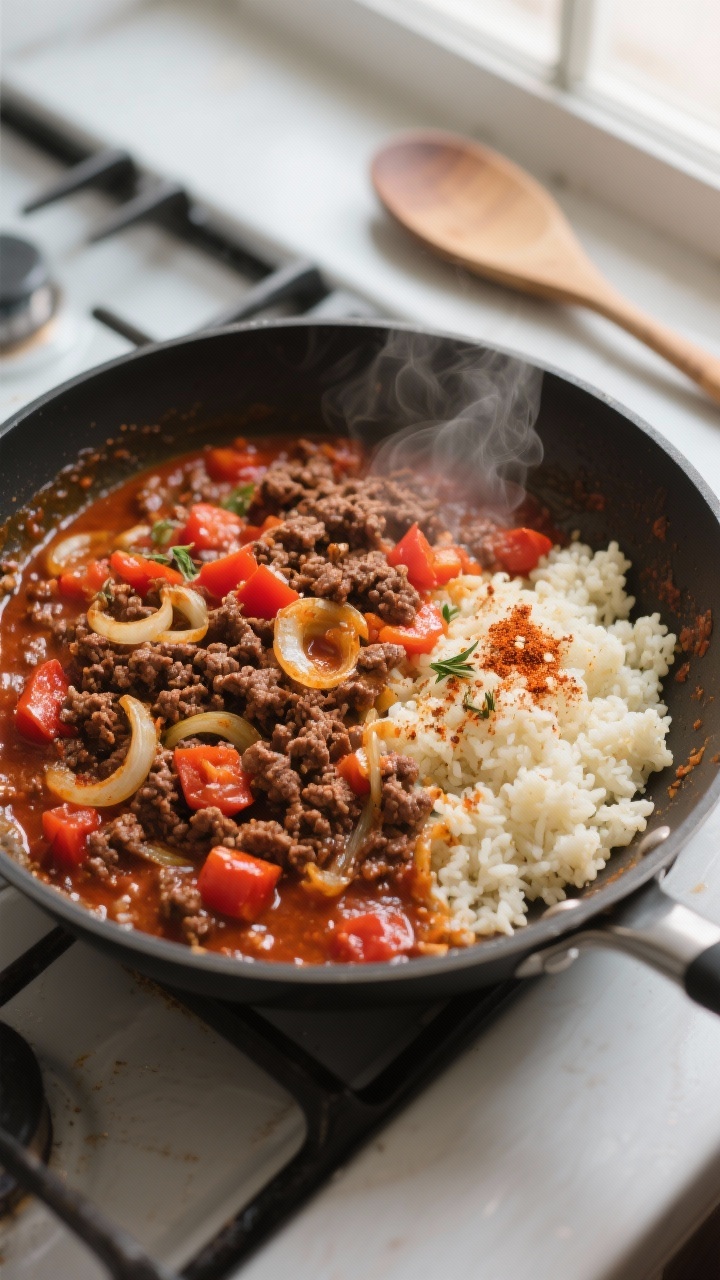 Cooking process: The beef-and-sauce stage in a large skillet just before combining with cauliflower 