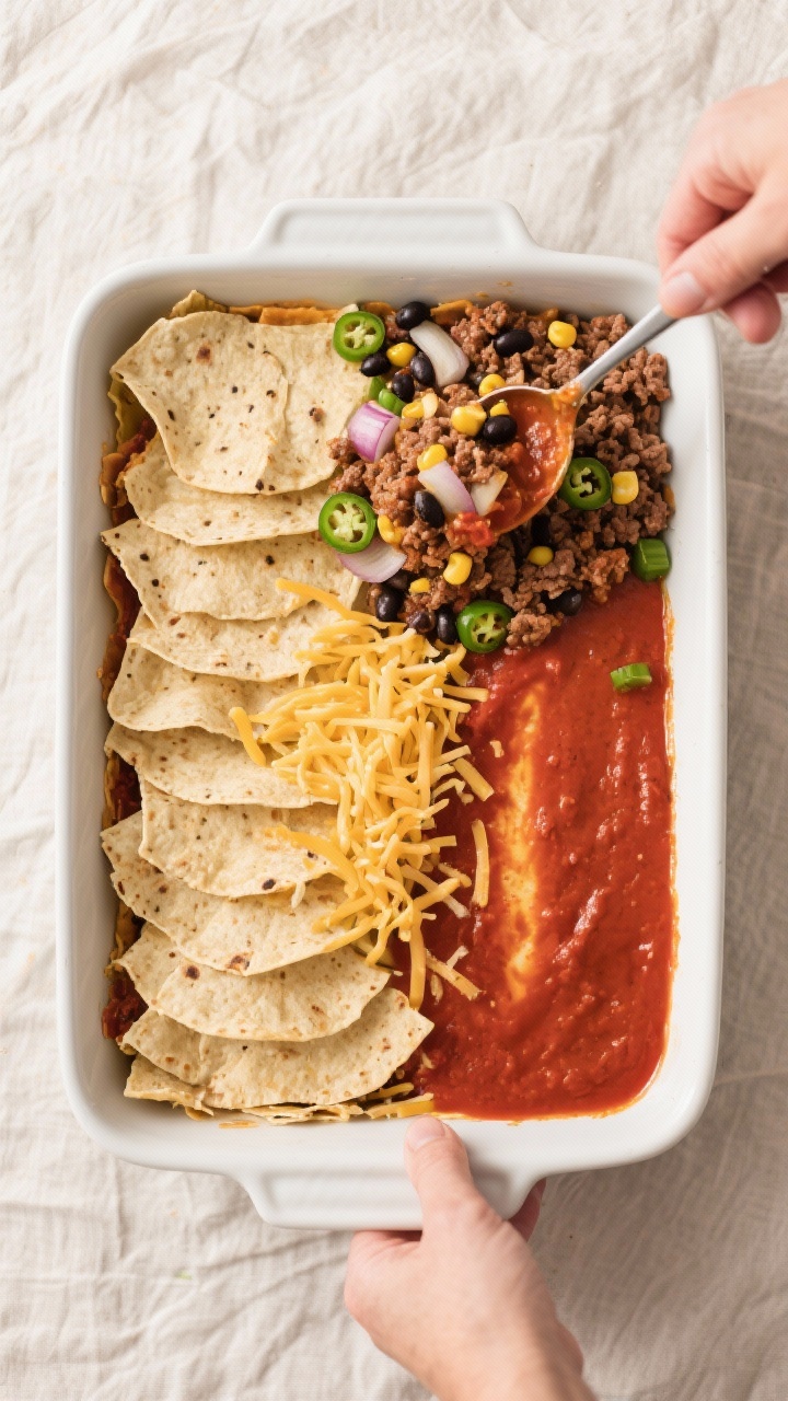 Cooking process: The “layer like a pro” step in a 9x13 baking dish—overhead shot showing a nea