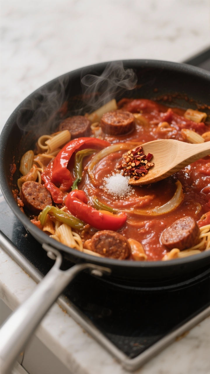 Cooking process: Tomato-based leftover sauce in a wide skillet mid-emulsification—roasted peppers 