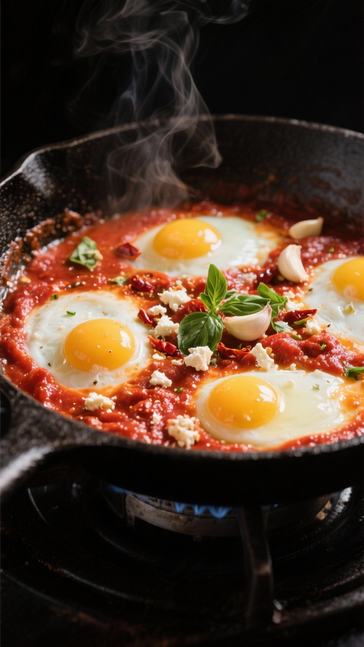 Cooking process – Tomato-Garlic Eggs in Sauce: A cast-iron skillet on the stovetop with simmering 