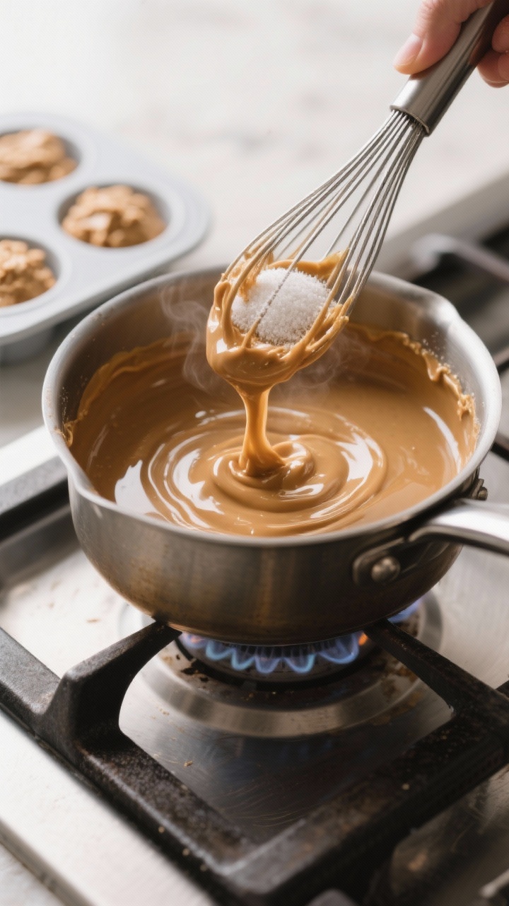 Cooking process: Warm peanut butter–coconut oil mixture being whisked until glossy in a small sauc