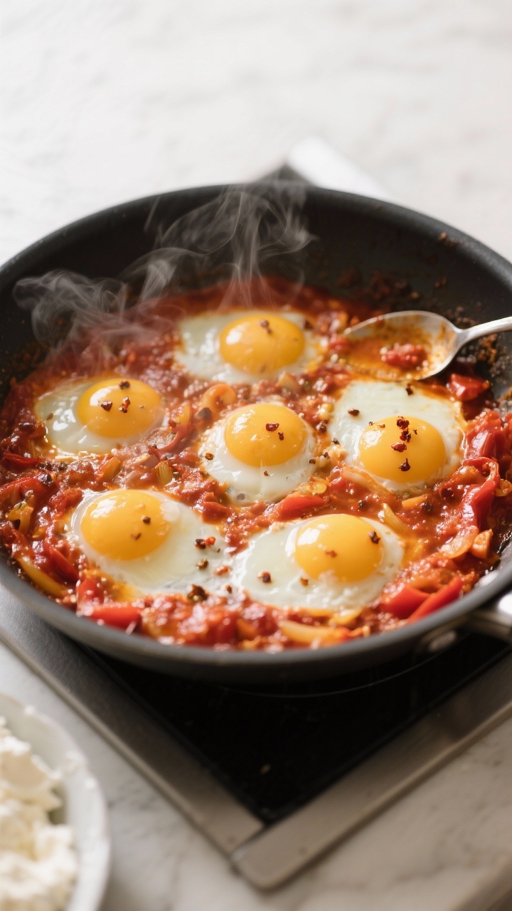 Cooking process: Weeknight Shakshuka (Italian Edition) in progress—overhead shot of a sauté pan w
