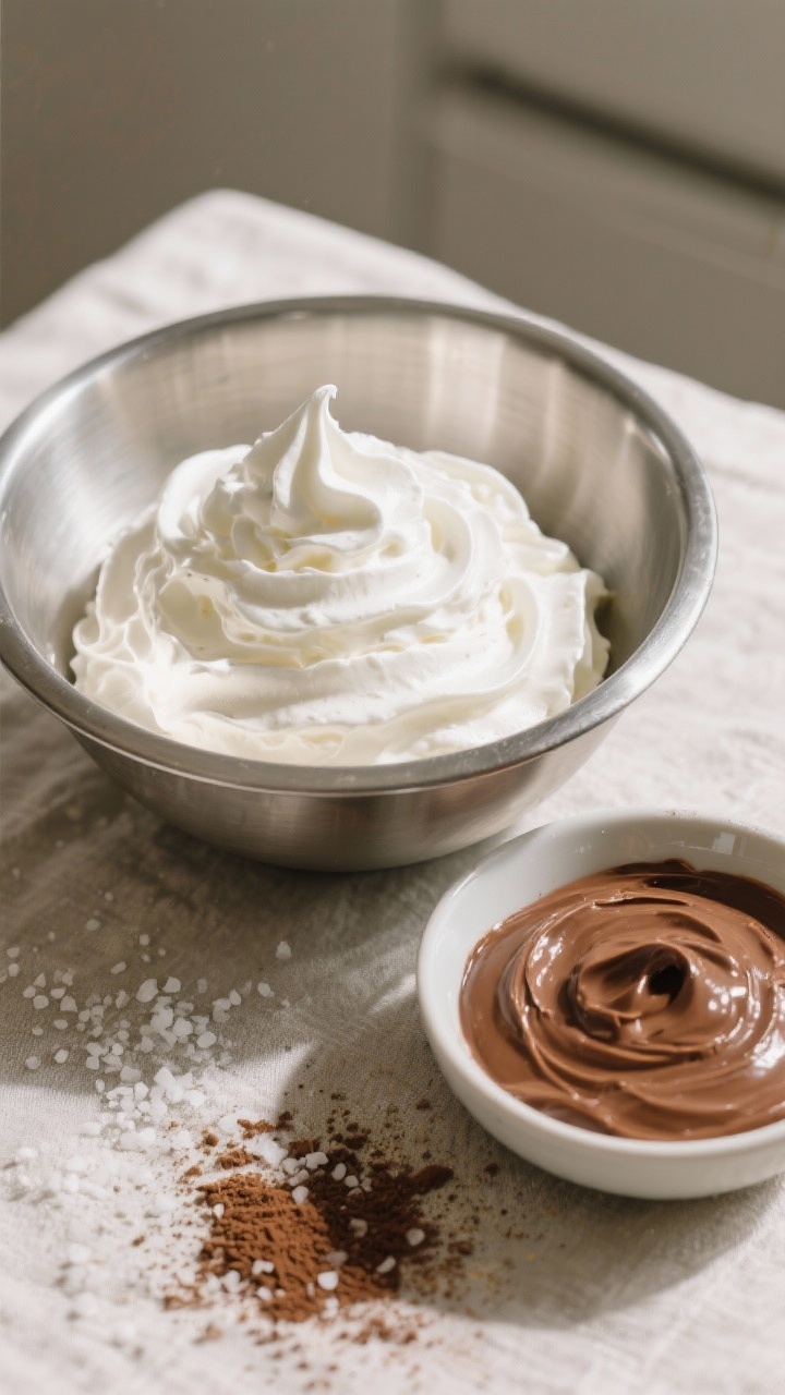 Cooking process: Whipped cream at soft-to-medium peaks resting in a chilled stainless bowl beside a 