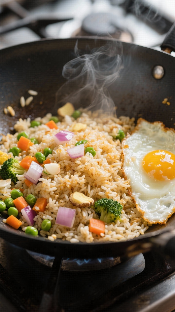Cooking process: Wok-hot fried rice moment with chilled jasmine rice spread in a wide carbon-steel s