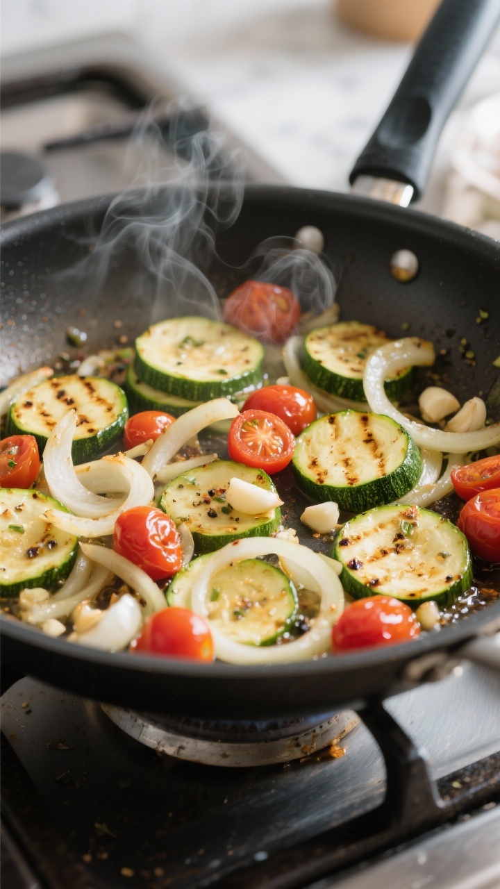 Cooking process: Zucchini half-moons and thinly sliced onions sautéing in the same skillet with gar