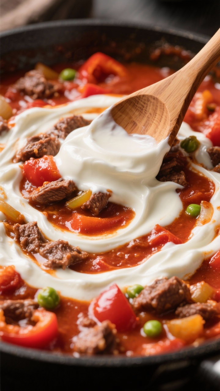 Creamy fold-in detail: Macro close-up of the creamy stage—silky sour cream being gently folded int