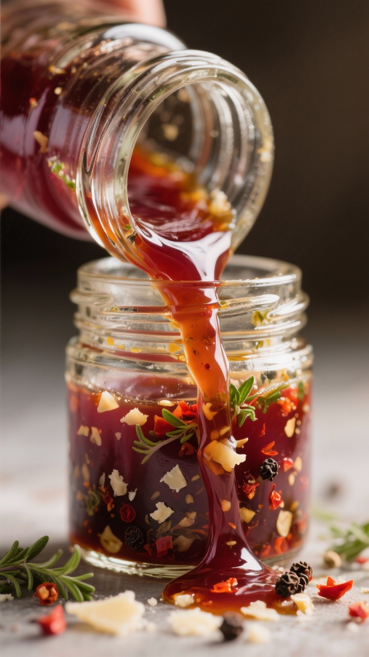 Dressing close-up — emulsified vinaigrette: Extreme close-up of a small glass jar of the homemade 