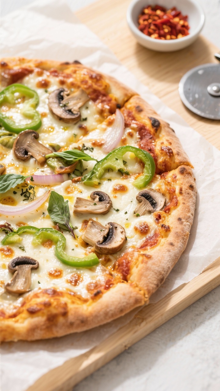 Final bake — Tasty top view: Overhead shot of the finished budget veggie supreme pizza on parchmen
