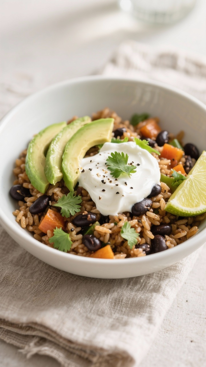 Final bowl — Family-friendly plated serving: Beautifully plated one-pot brown rice, black bean, an
