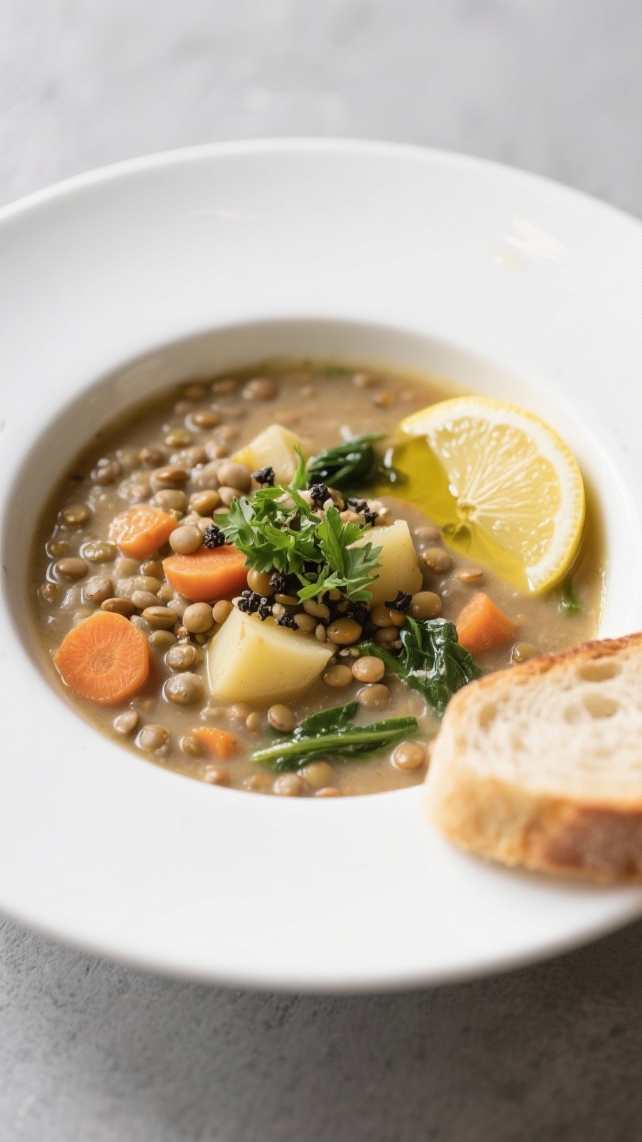 Final bowl – restaurant-quality plating: Beautifully plated Lentil & Vegetable Soup in a wide, sha