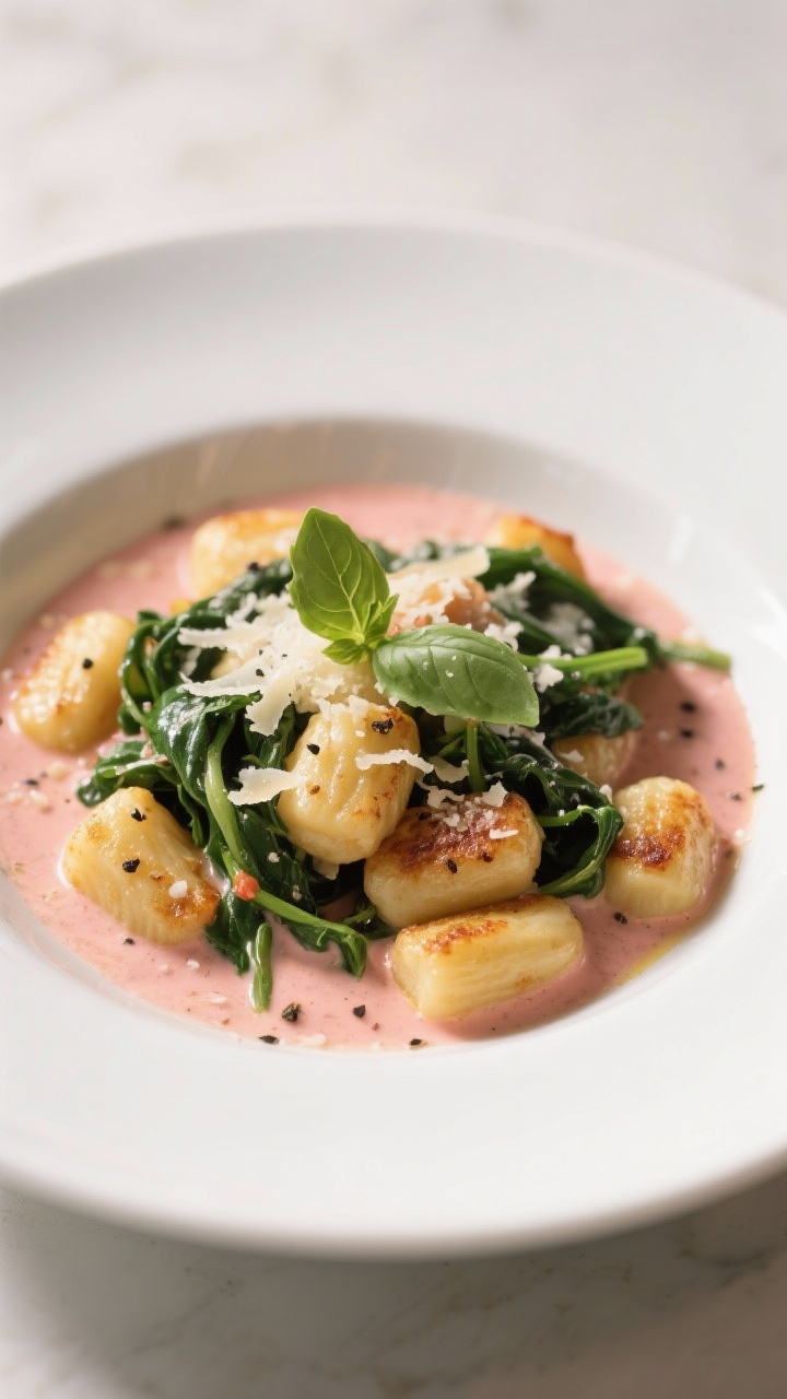 Final dish – 15-Minute Tomato Cream Gnocchi: Beautifully plated golden pan-seared gnocchi coated i