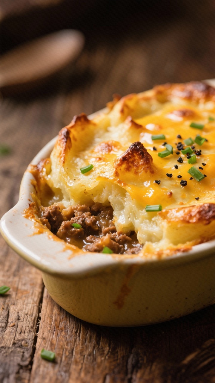 Final dish: Beautifully baked shepherd’s pie in the casserole, golden-brown, deeply crisped peaks 