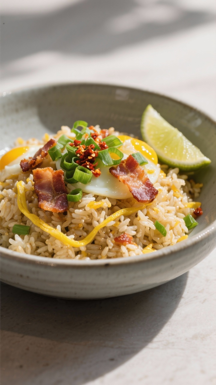 Final dish: Beautifully plated Bacon and Egg Fried Rice in a wide, matte ceramic bowl, topped with e