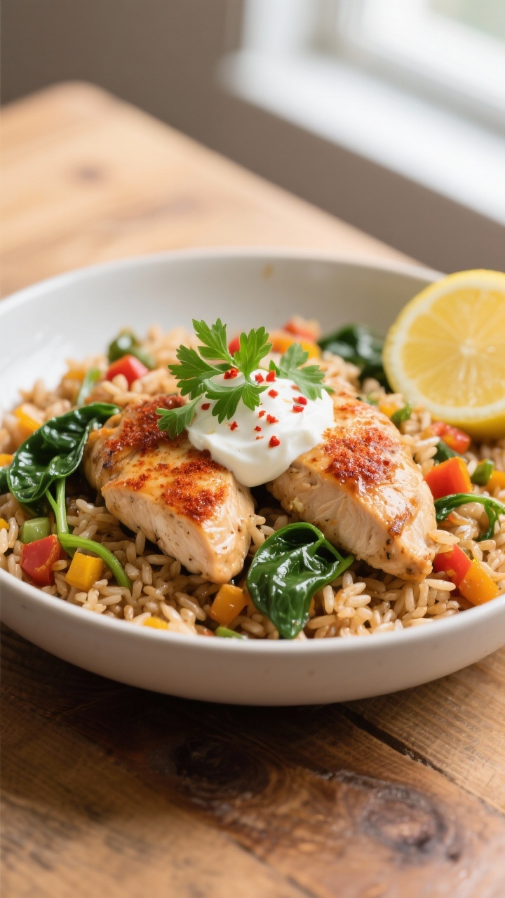 Healthy Family Dinners Made Simple: Clean Eating On A Budget That Doesn’t Taste Like Homework Final dish: Beautifully plated bowl of the one-pan chicken and brown rice, restaurant-quality presen