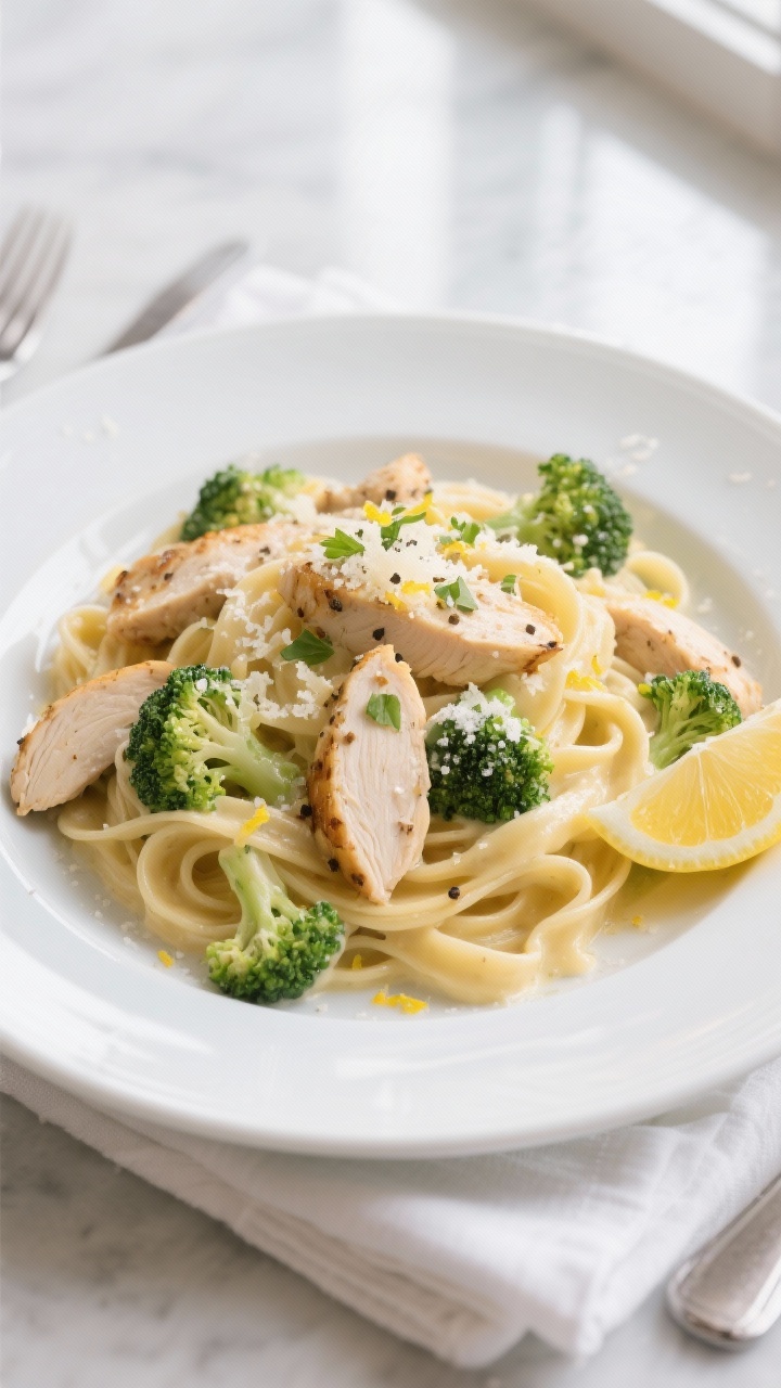 Final dish: Beautifully plated Chicken-Broccoli Alfredo on a wide white rimmed plate, ribbons of fet