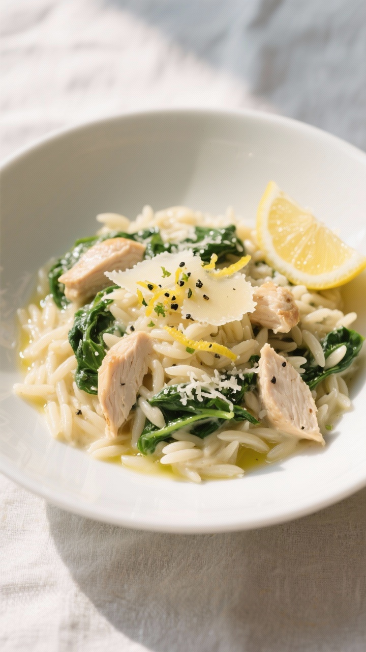 Final dish: Beautifully plated creamy chicken orzo in a wide, shallow white bowl—silky orzo folded
