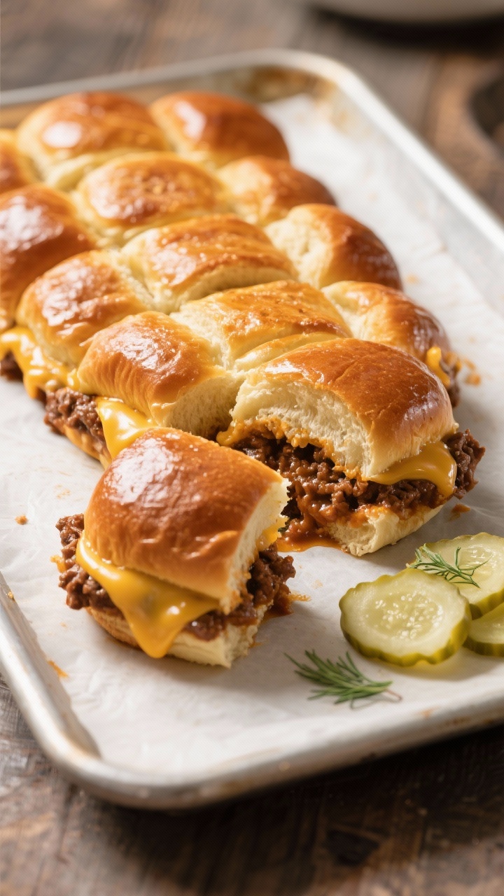 Final dish beauty: A golden-baked pull-apart slab of Sloppy Joe sliders on a baking sheet, buns glos