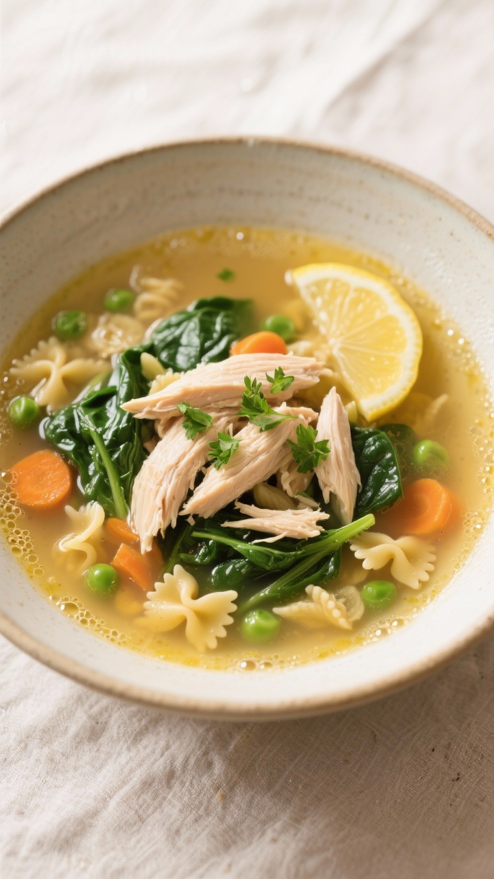 Final dish, comfort soup: Beautifully plated bowl of golden chicken soup made from the base with ext