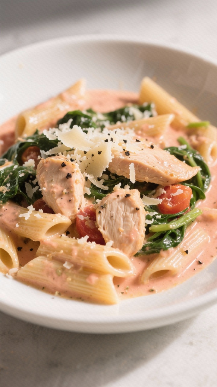 Final dish: Creamy one-pan chicken pasta plated in a shallow white bowl—al dente penne coated in a